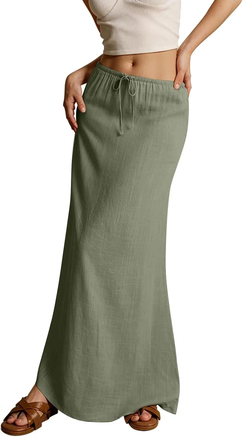 2025 Womens Boho Casual Tie Long Maxi Skirt Summer Low Waisted Casual Basic Warp Skirts for Beach Vacation Daily