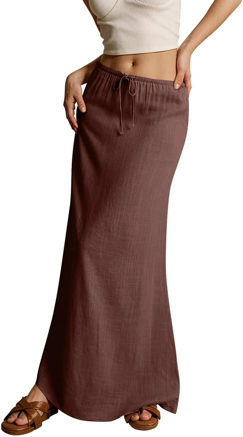 2025 Womens Boho Casual Tie Long Maxi Skirt Summer Low Waisted Casual Basic Warp Skirts for Beach Vacation Daily