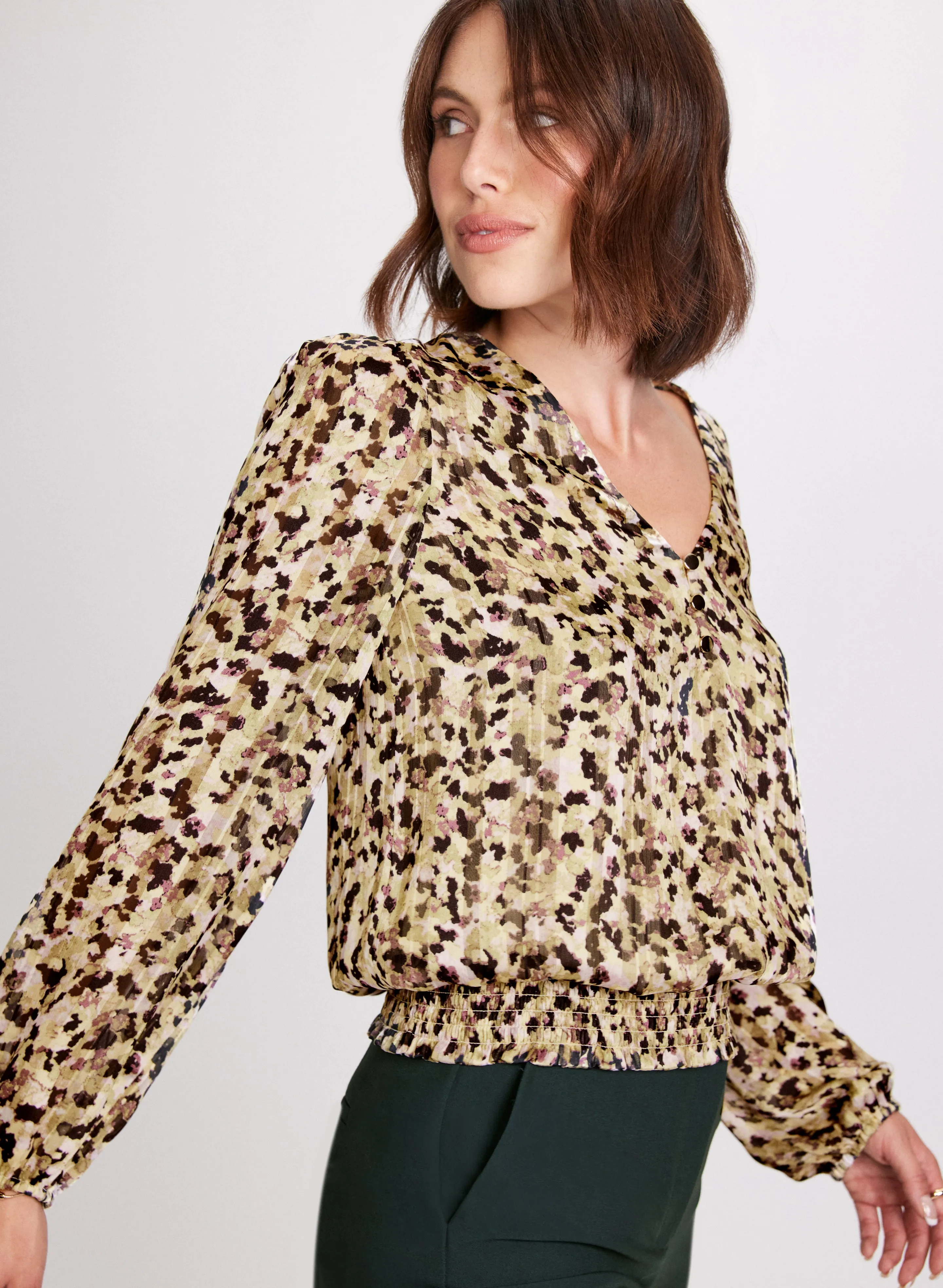 Abstract Print Smocked Waist Blouse