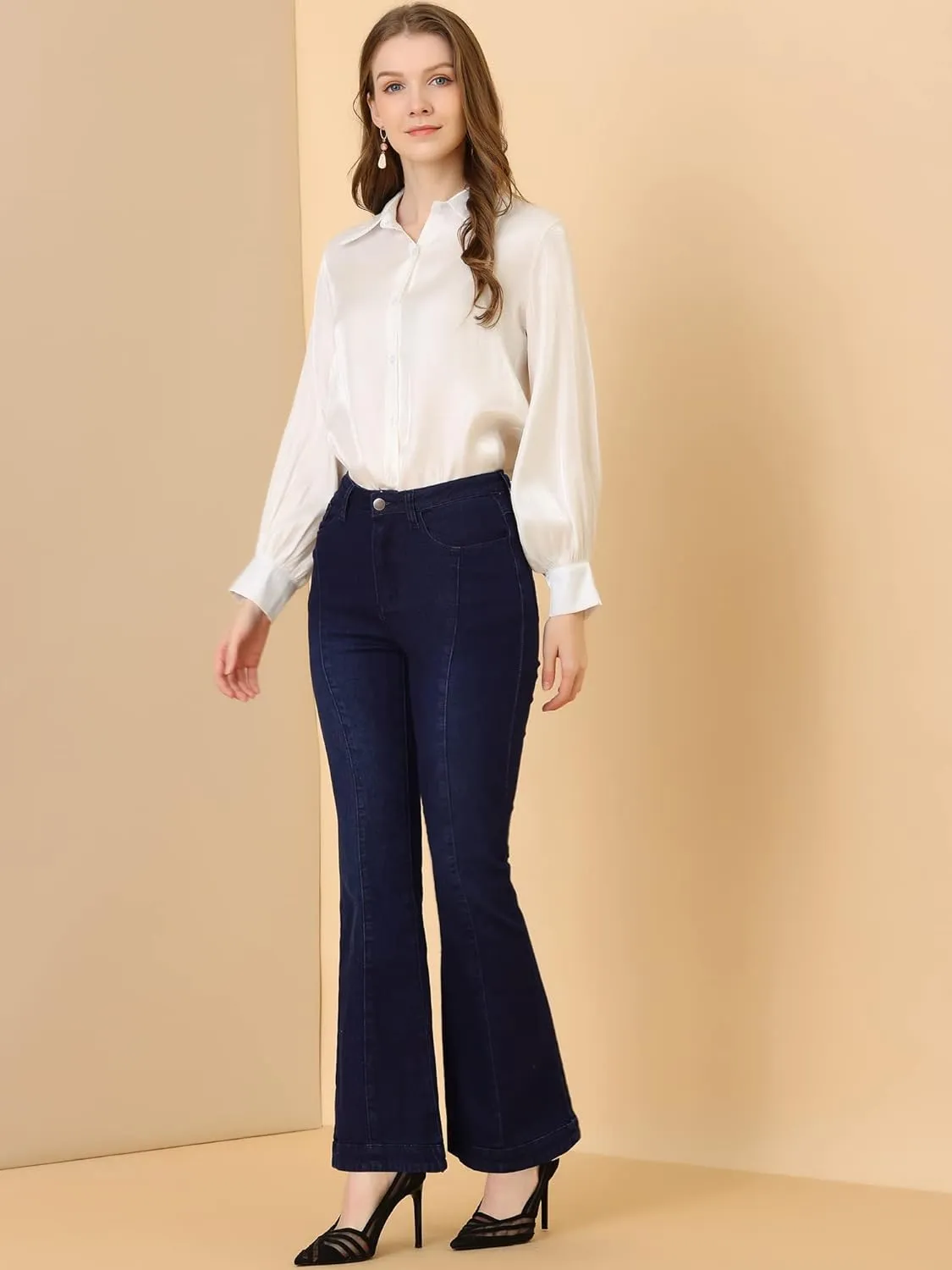 Allegra K Women's High Waist Flare Jeans Retro Stretchy Denim Jean Pants Bell Bottom Jeans