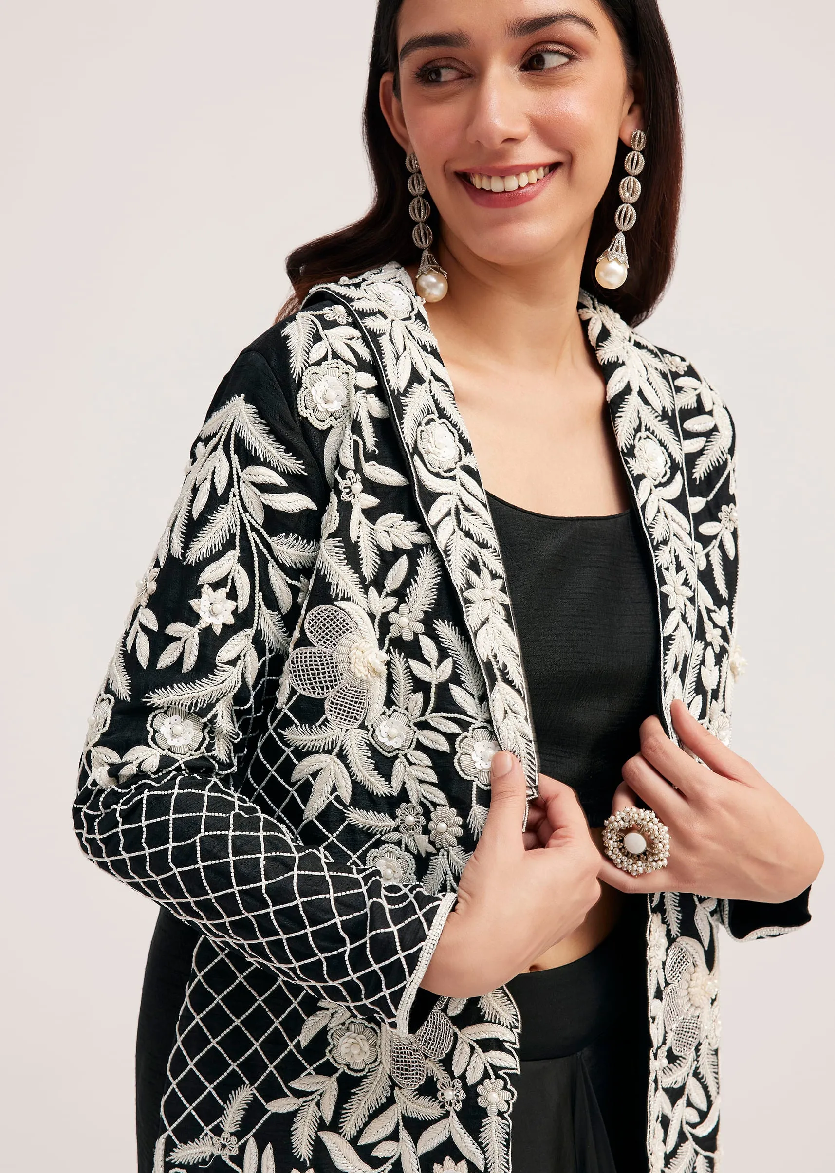Black Crop Top Skirt And Embroidered Jacket Set