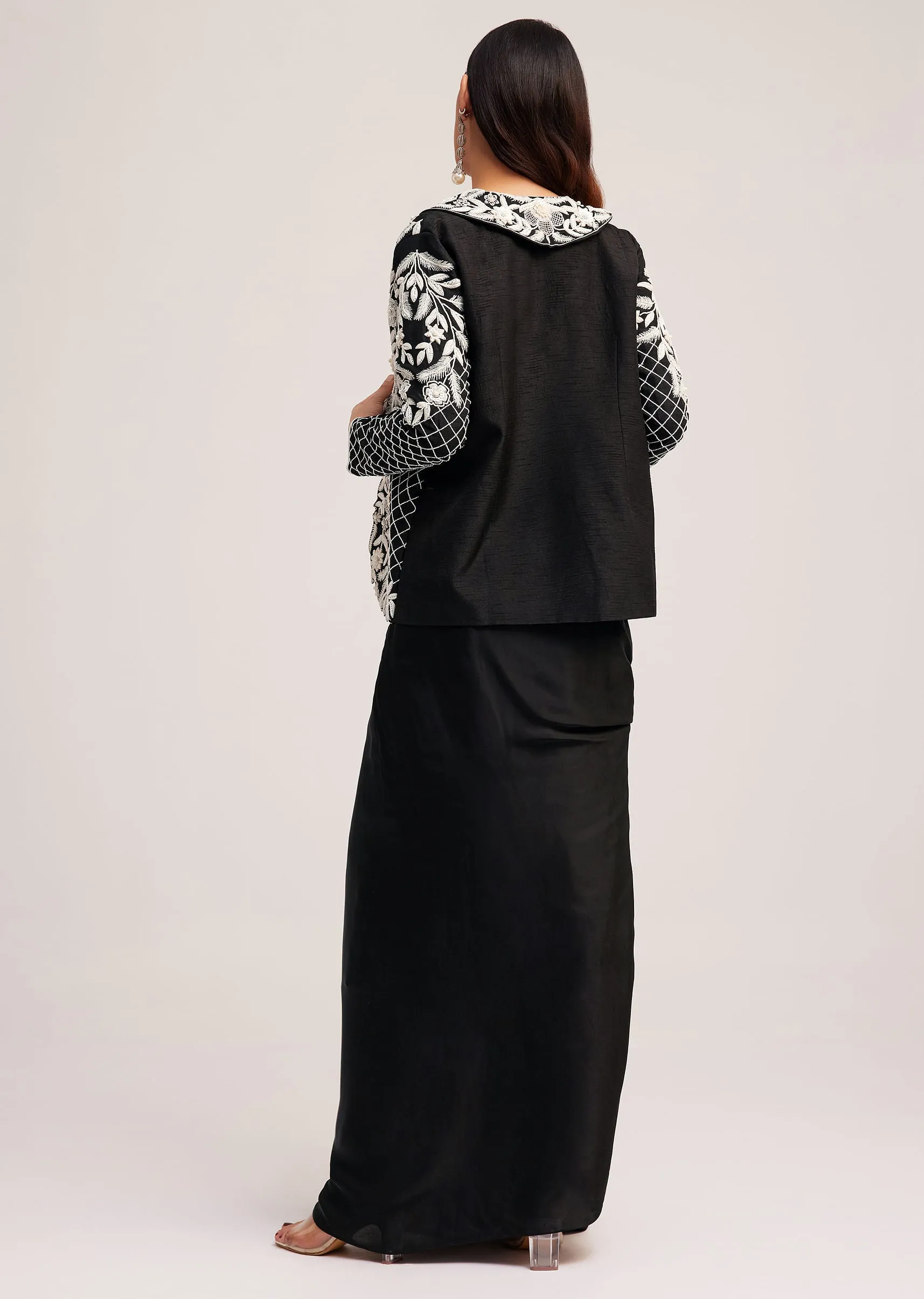 Black Crop Top Skirt And Embroidered Jacket Set