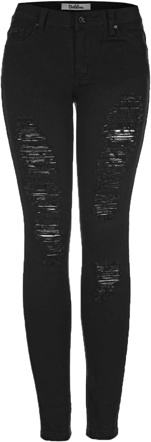 BodiLove Women's Stretchy 5 Pocket Skinny Distressed Denim Jeans