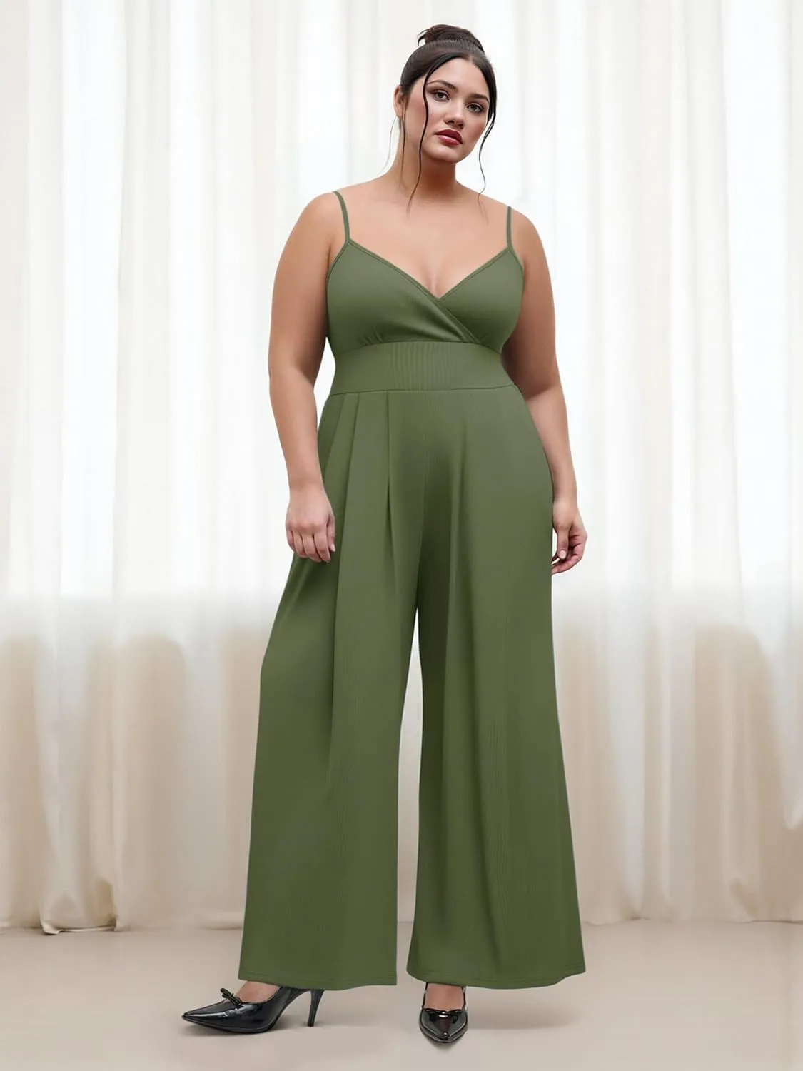 CIDER Plus Size Jumpsuits For Curvy Women V Neck Sleeveless Spaghettis Strap Wide Leg Overalls Casual Summer Outfits