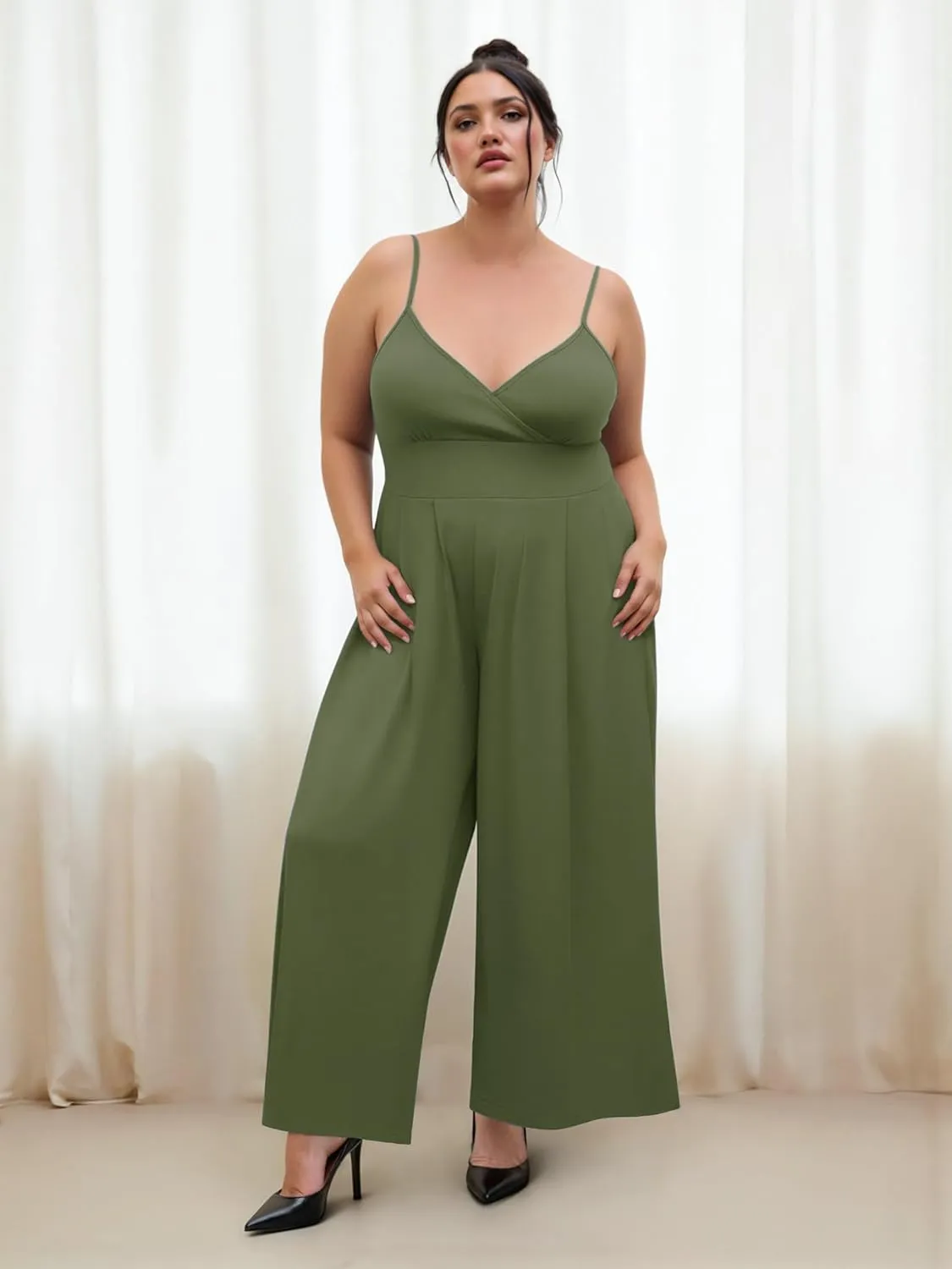 CIDER Plus Size Jumpsuits For Curvy Women V Neck Sleeveless Spaghettis Strap Wide Leg Overalls Casual Summer Outfits