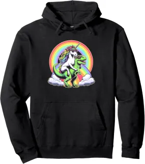Cool Unicorn Riding T-Rex Magical Rainbow Toddler Kid Boy Pullover Hoodie