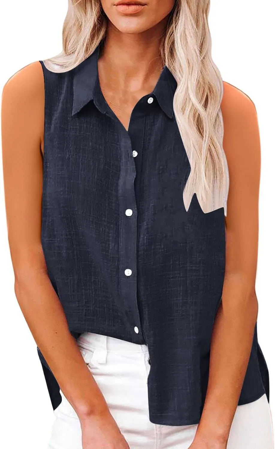 Cotton Gauze Tank Shirts for Women Sleeveless Collared Top Oversized Button Down Office Blouse Casual Summer Shirt