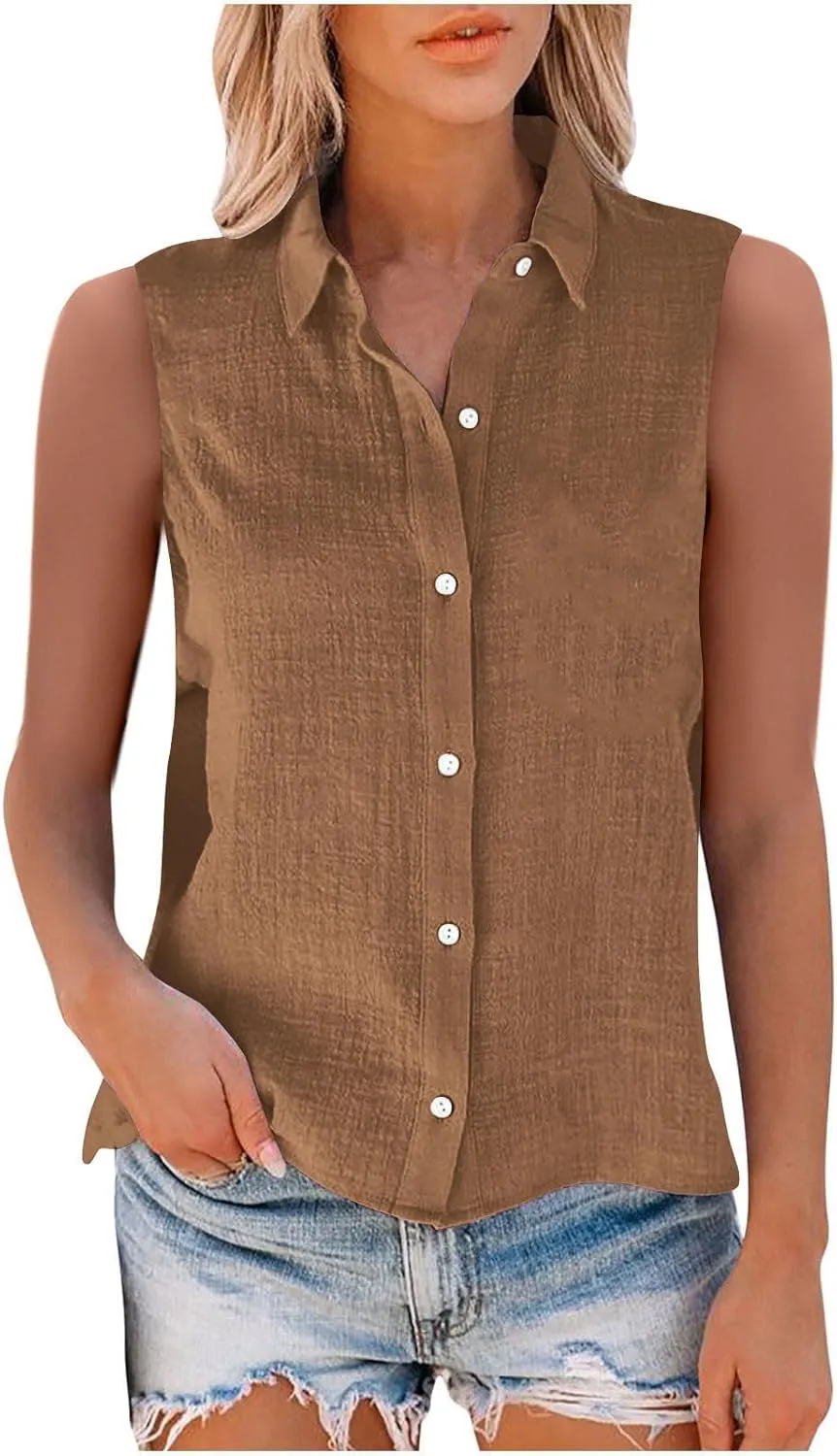 Cotton Gauze Tank Shirts for Women Sleeveless Collared Top Oversized Button Down Office Blouse Casual Summer Shirt