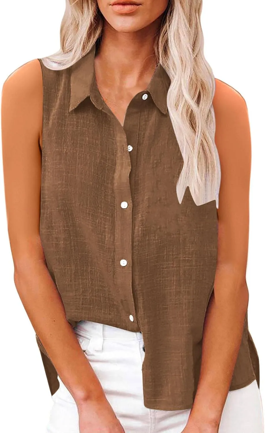 Cotton Gauze Tank Shirts for Women Sleeveless Collared Top Oversized Button Down Office Blouse Casual Summer Shirt
