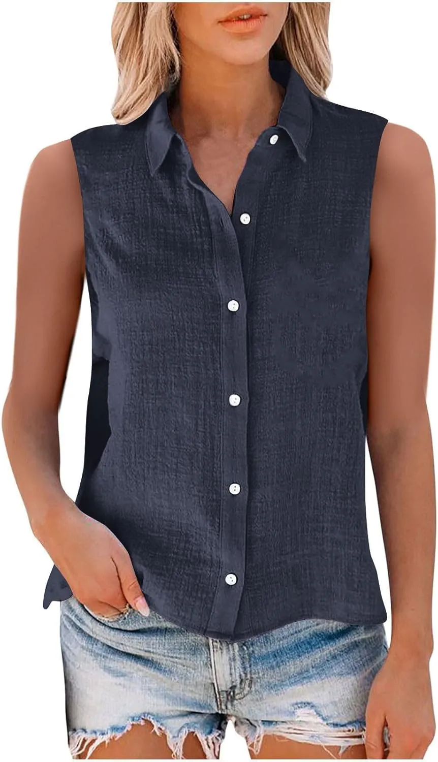 Cotton Gauze Tank Shirts for Women Sleeveless Collared Top Oversized Button Down Office Blouse Casual Summer Shirt