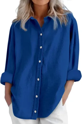 Cotton Line Shirts for Women Long Sleeve Lapel Button Down Tops Summer Loose Causal Sun Shirts Light Workout Outfits