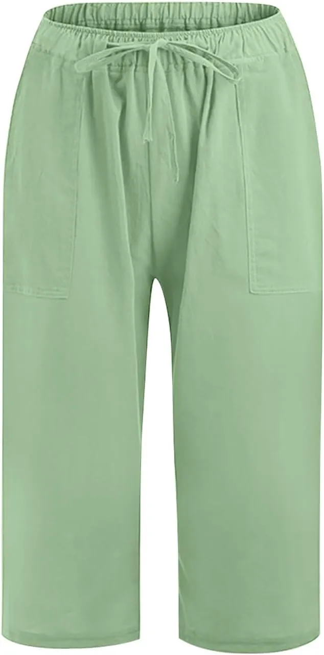 Cotton Linen Pants for Women Drawstring Elastic Waist Summer Casual Palazzo Relaxed Fit Cropped Trousers with Pockets