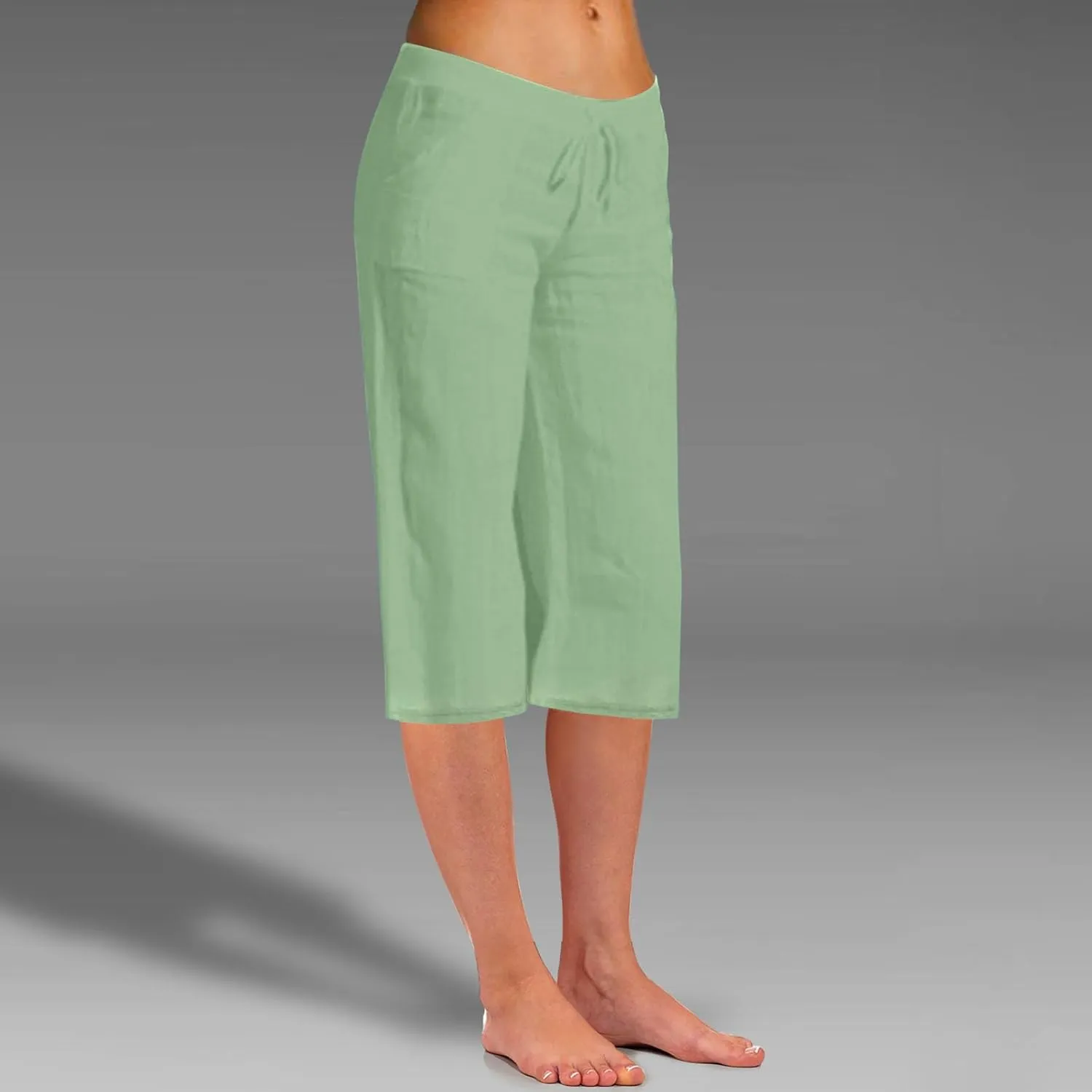 Cotton Linen Pants for Women Drawstring Elastic Waist Summer Casual Palazzo Relaxed Fit Cropped Trousers with Pockets