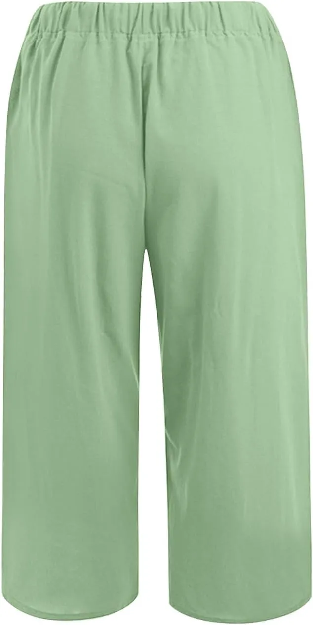 Cotton Linen Pants for Women Drawstring Elastic Waist Summer Casual Palazzo Relaxed Fit Cropped Trousers with Pockets