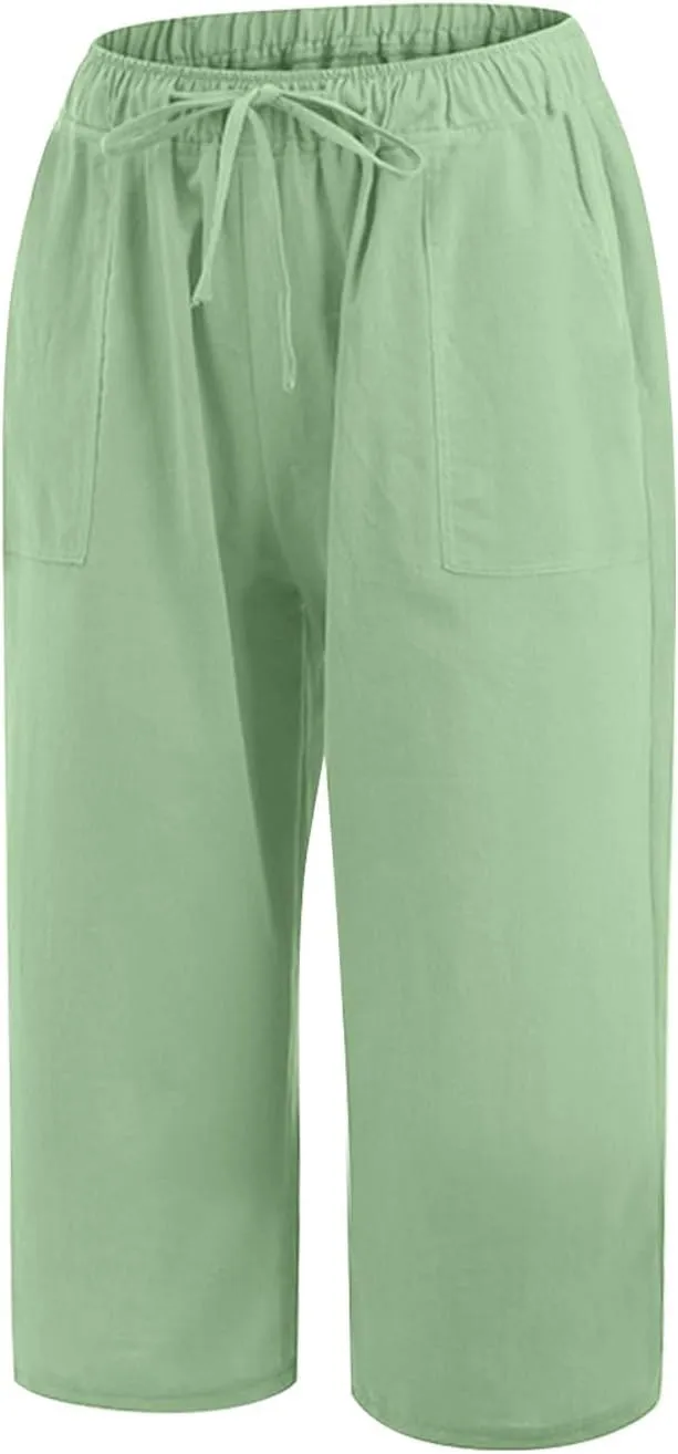 Cotton Linen Pants for Women Drawstring Elastic Waist Summer Casual Palazzo Relaxed Fit Cropped Trousers with Pockets