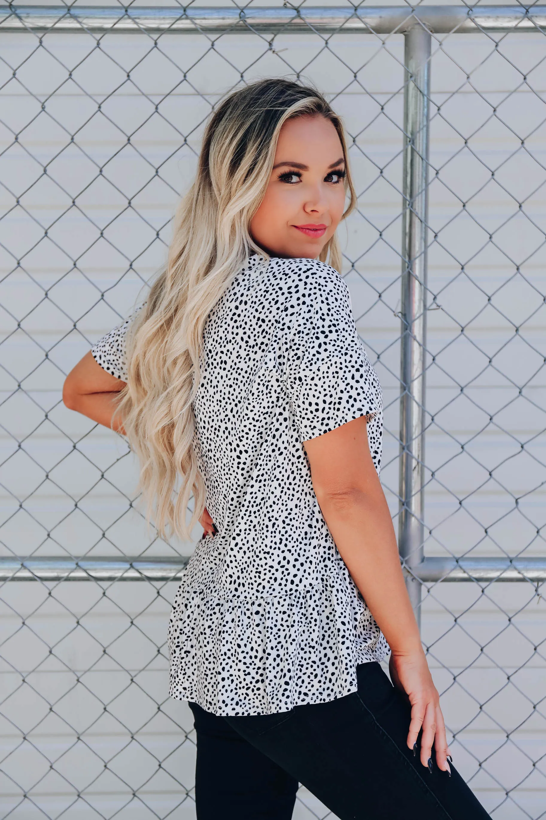Dalmatia Dotted Ruffle Hem Top