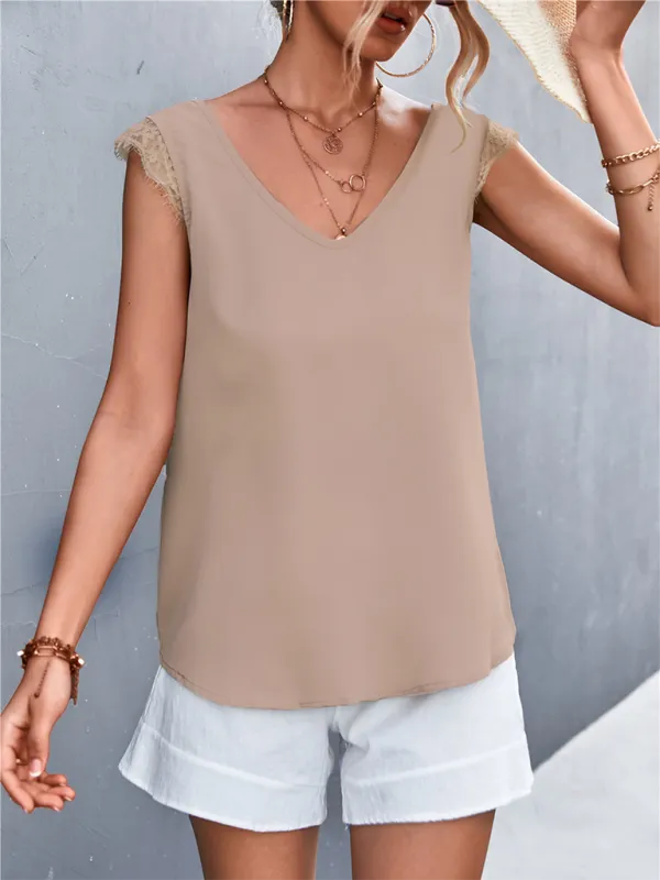 Danika Women's V-Neck Lace Stitching Casual Sleeveless Tank Top