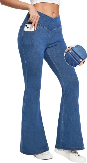 Ewedoos Flare Bell Bottom Jeans for Women Jeggings Tummy Control High Waisted Stretchy Crossover Pull On Jeans