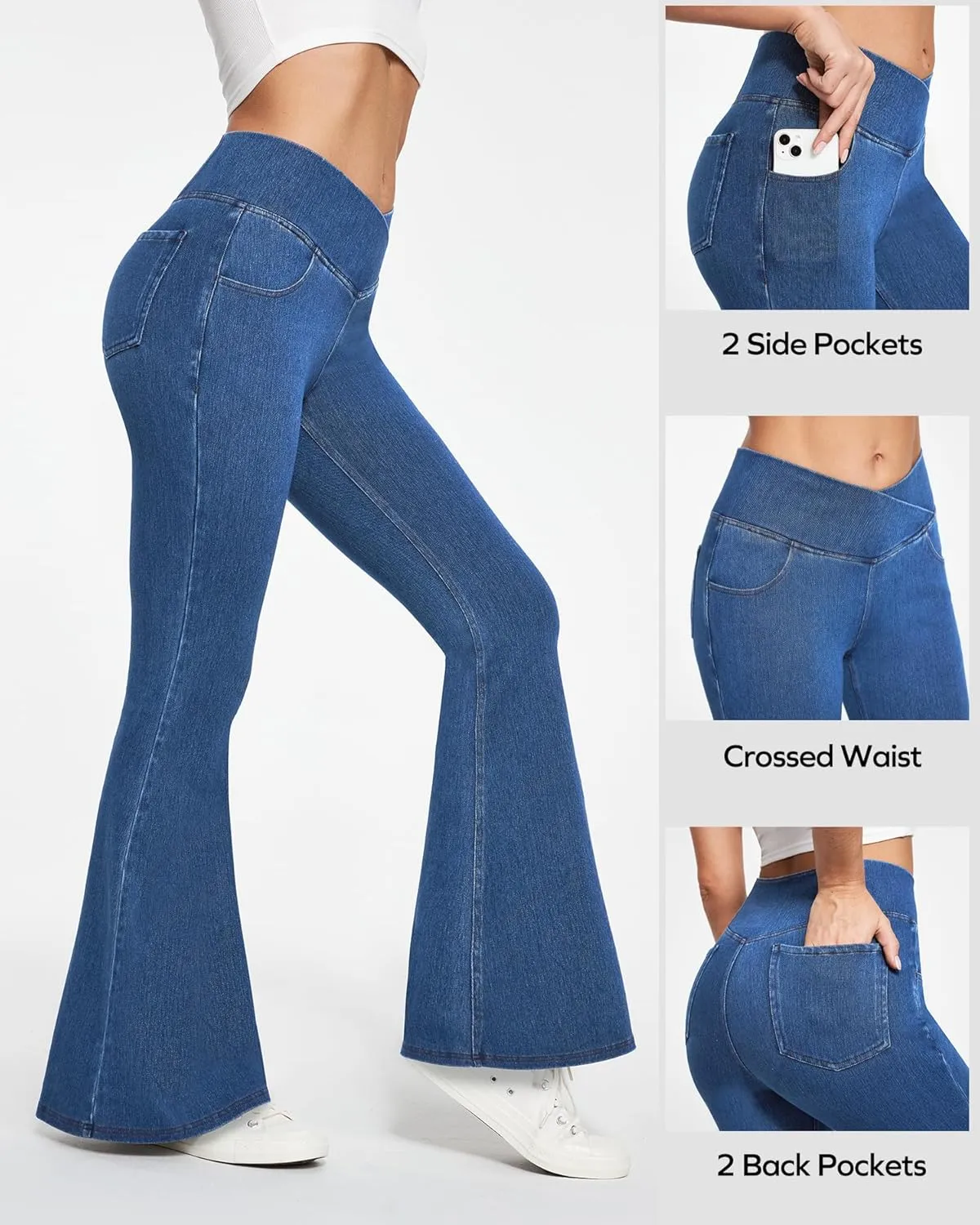 Ewedoos Flare Bell Bottom Jeans for Women Jeggings Tummy Control High Waisted Stretchy Crossover Pull On Jeans