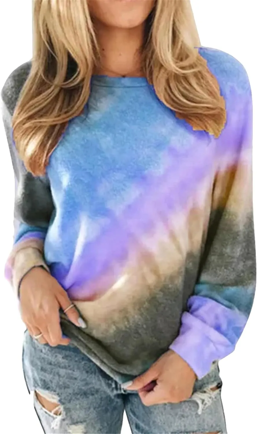 FLITAY Womens Casual Loose Fit Shirts Long Sleeve Comfy Tops Round Neck Tie Dye Pullover Sweatshirts