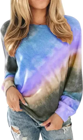 FLITAY Womens Casual Loose Fit Shirts Long Sleeve Comfy Tops Round Neck Tie Dye Pullover Sweatshirts