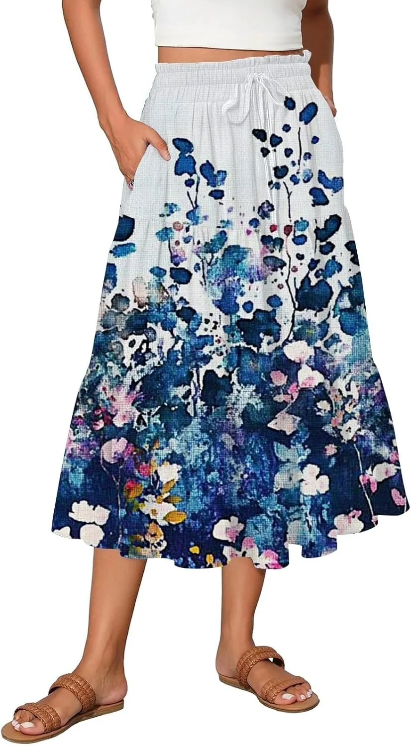 Flowy Skirts for Women Vintage Gradient Print Flowy Flared Ruffle A-Line Skirts Casual Fashion Maxi Skirt