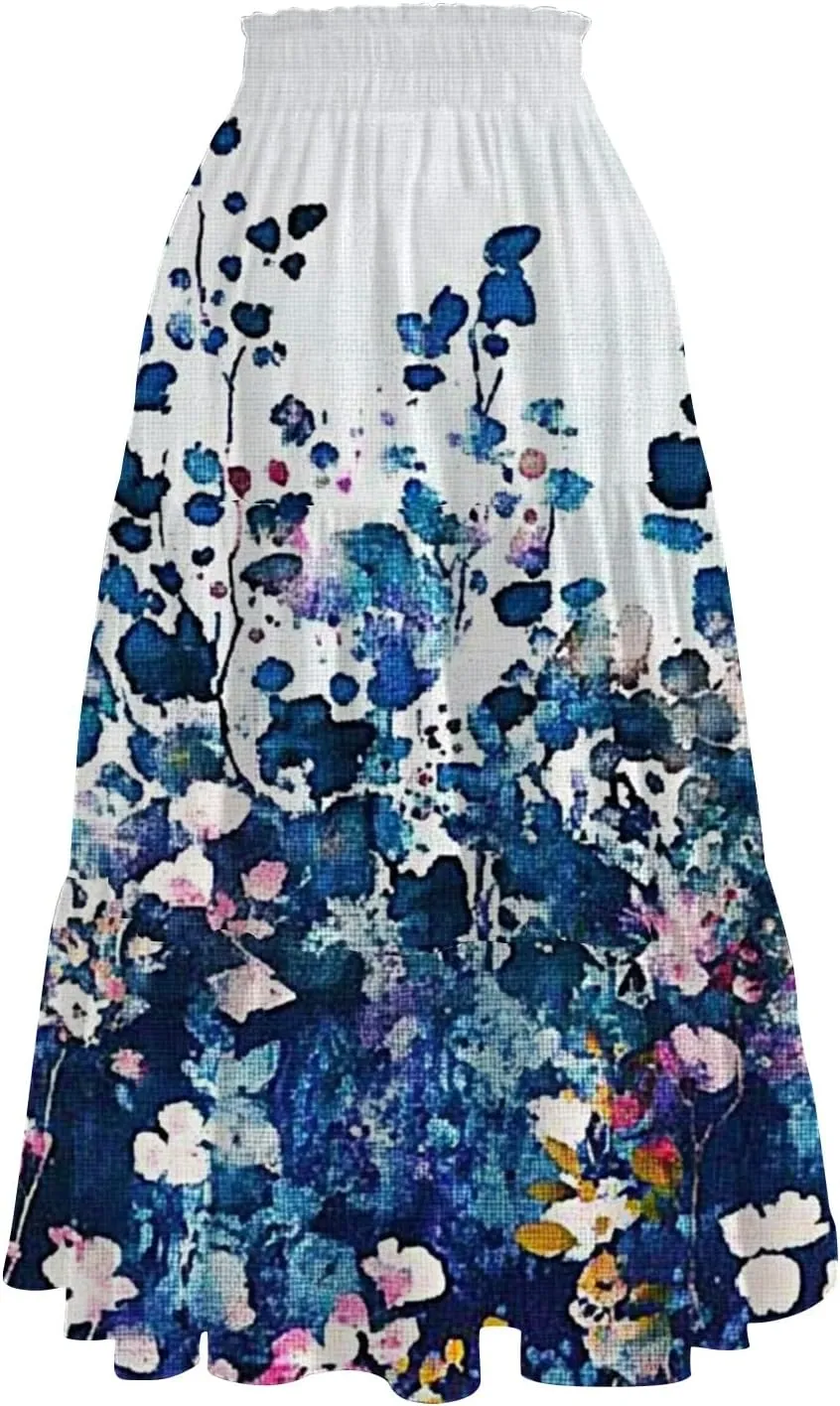 Flowy Skirts for Women Vintage Gradient Print Flowy Flared Ruffle A-Line Skirts Casual Fashion Maxi Skirt
