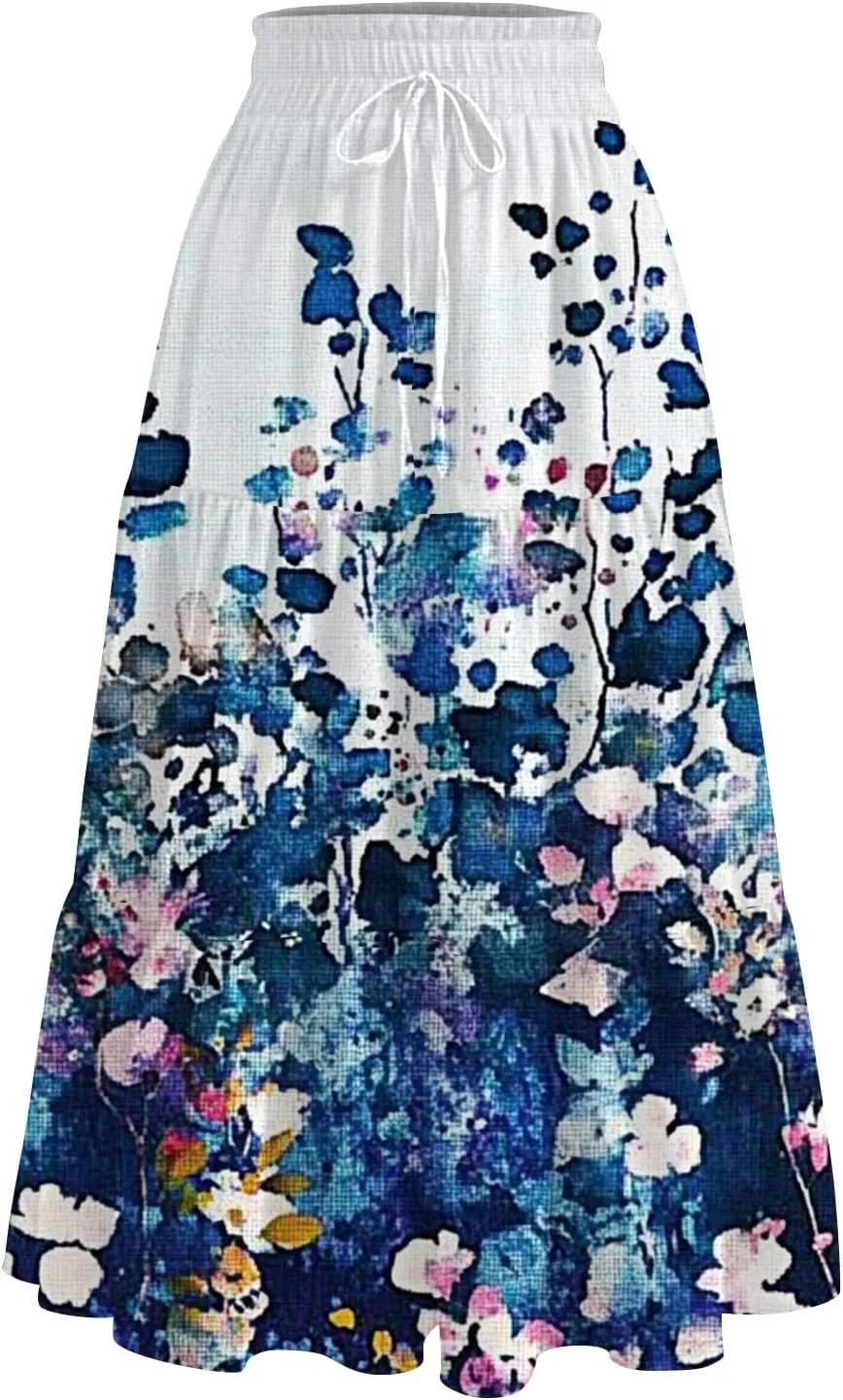 Flowy Skirts for Women Vintage Gradient Print Flowy Flared Ruffle A-Line Skirts Casual Fashion Maxi Skirt