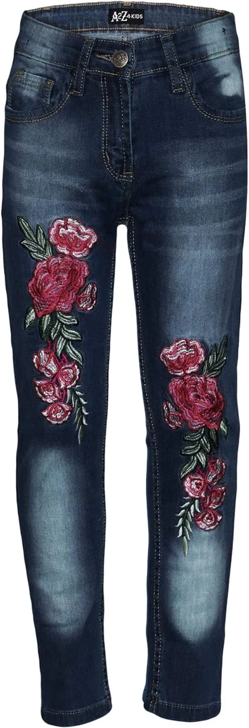 Girls Jeans Stretchy Roses Embroidered Denim Pants - Girls Jeans JN26 Dark Blue 13