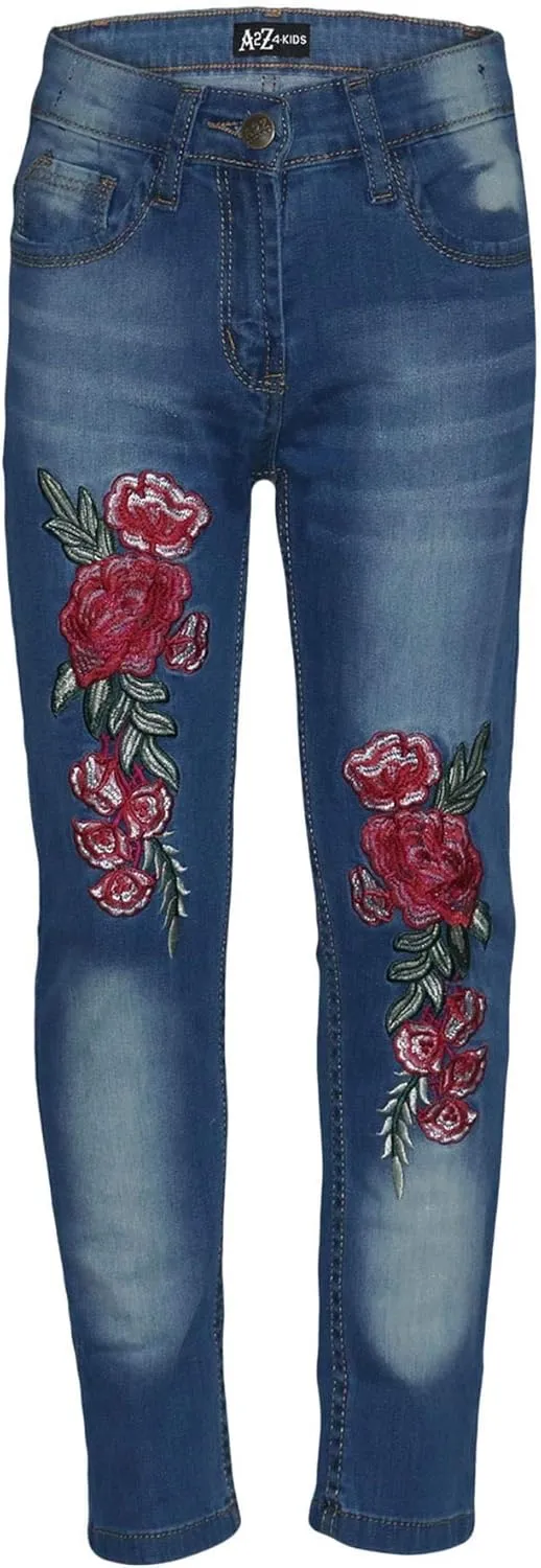 Girls Jeans Stretchy Roses Embroidered Denim Pants - Girls Jeans JN26 Mid Blue 9-10