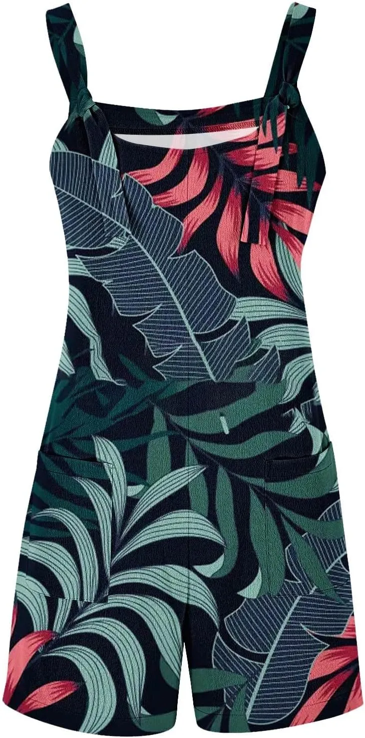 Hawaii Tropical Print Short Jumpsuits Women Summer Beach One Piece Wide Leg Rompers Sleeveless Overalls with Pockets