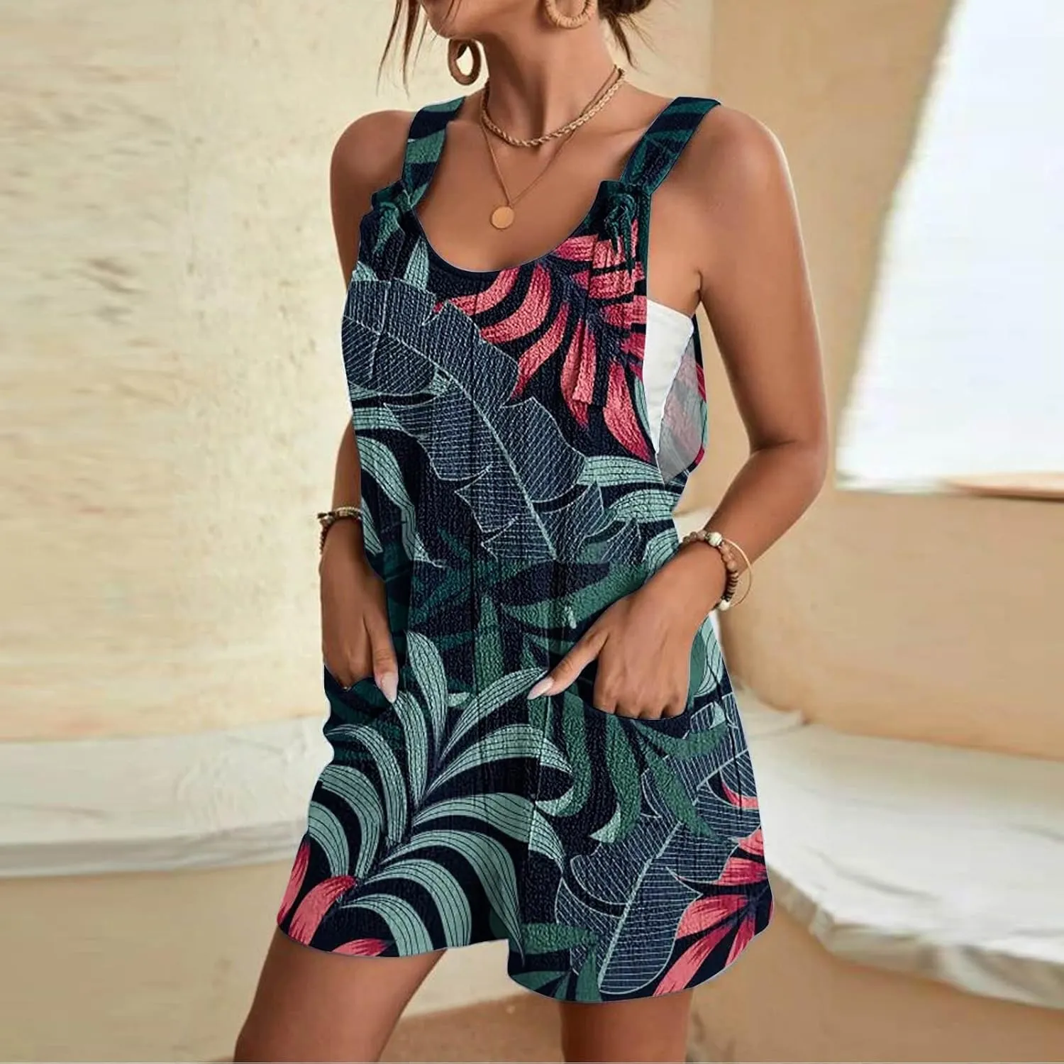 Hawaii Tropical Print Short Jumpsuits Women Summer Beach One Piece Wide Leg Rompers Sleeveless Overalls with Pockets