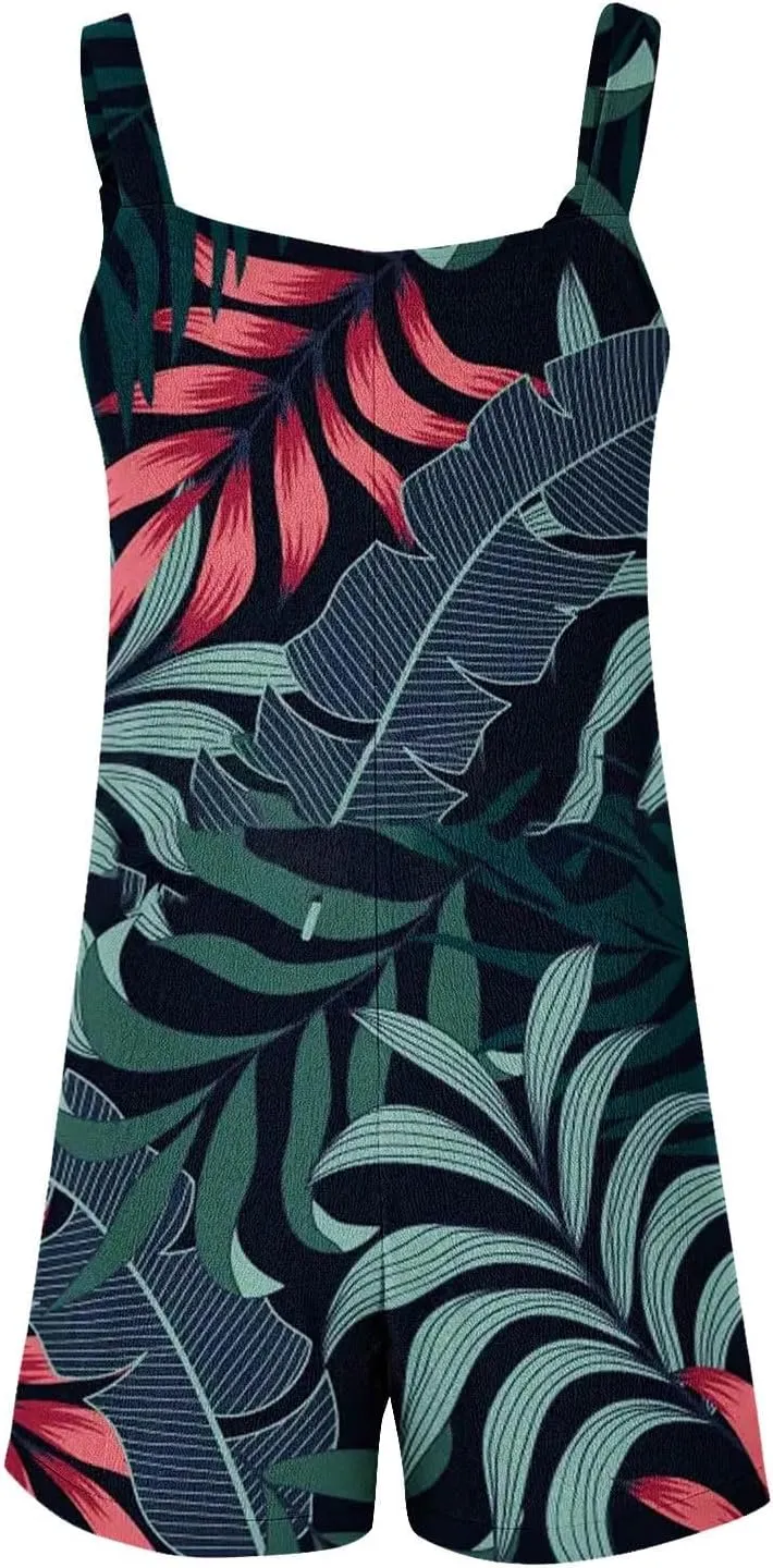 Hawaii Tropical Print Short Jumpsuits Women Summer Beach One Piece Wide Leg Rompers Sleeveless Overalls with Pockets