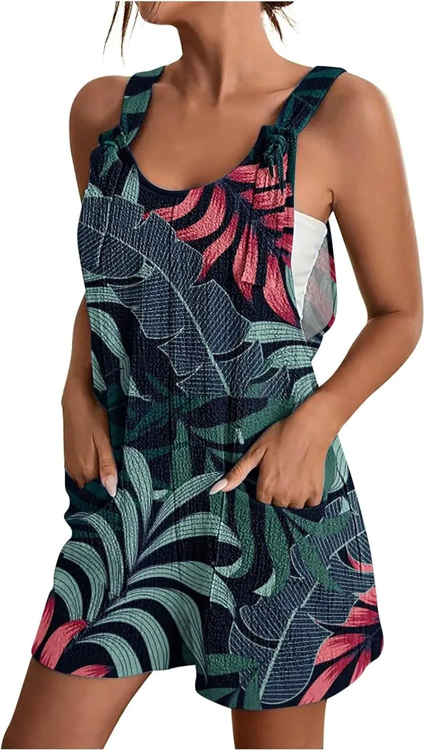 Hawaii Tropical Print Short Jumpsuits Women Summer Beach One Piece Wide Leg Rompers Sleeveless Overalls with Pockets