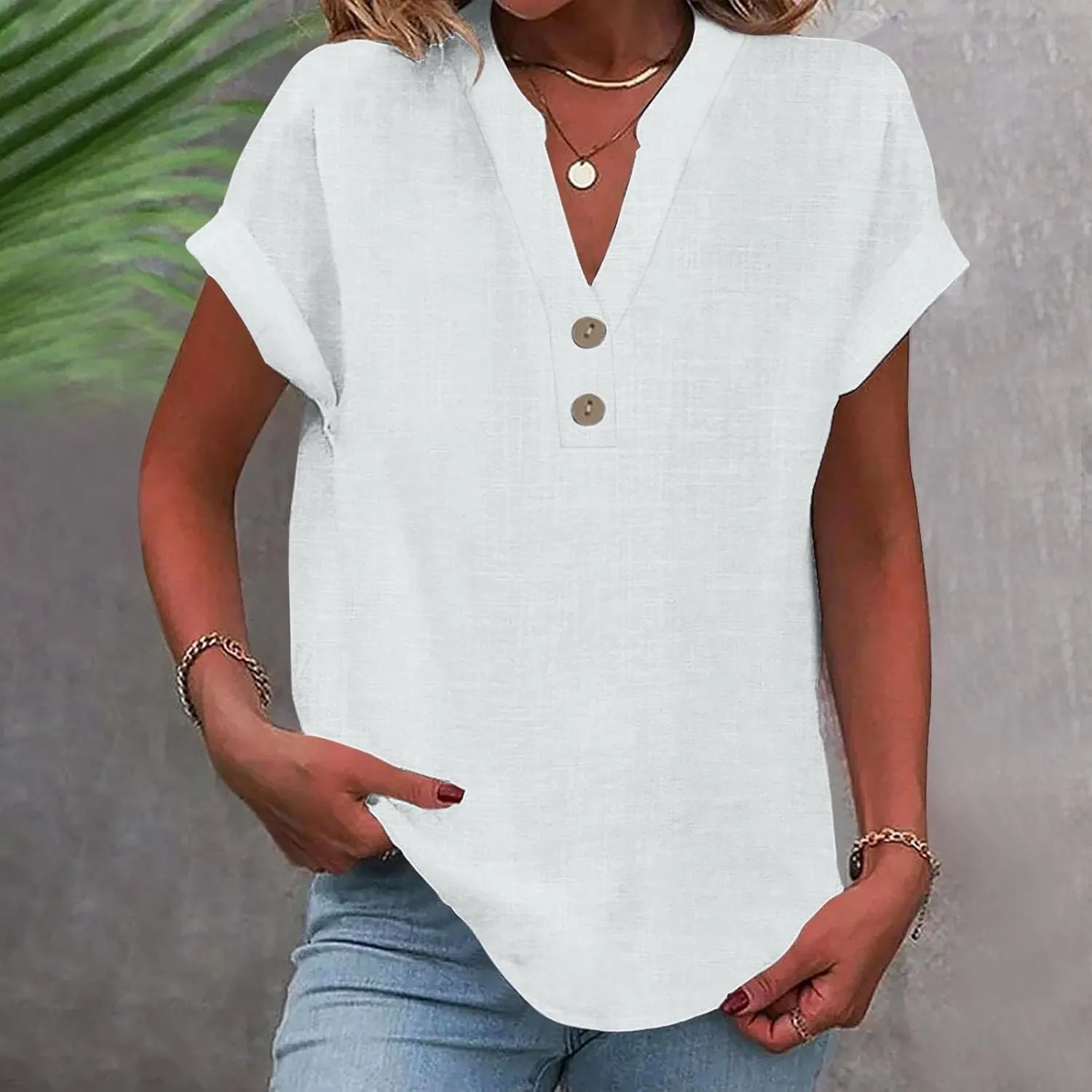 Linen Shirts for Women 2025 Summer Casual Button Down V Neck Short Sleeve Tops Comfy Trendy Business Work Blouses