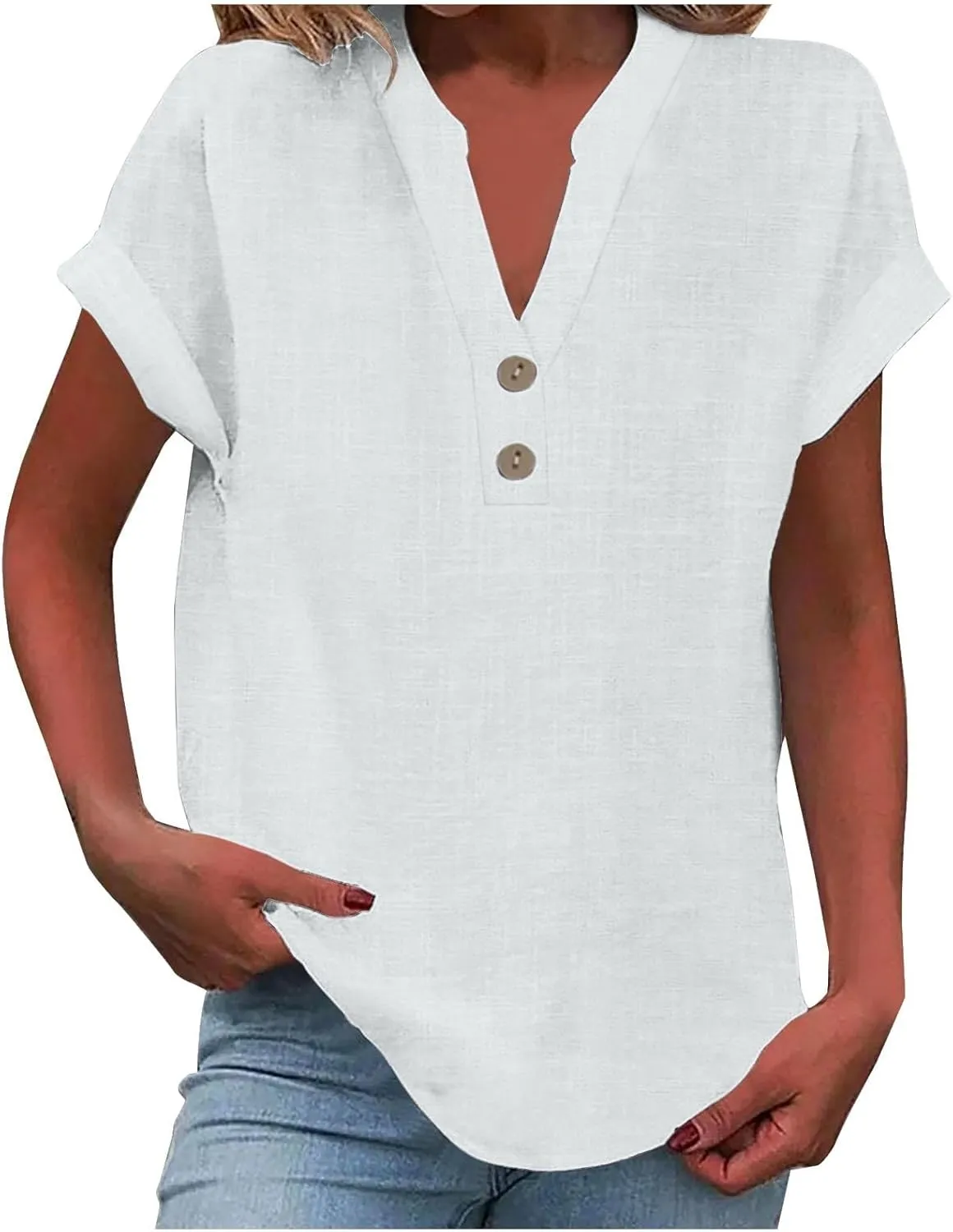 Linen Shirts for Women 2025 Summer Casual Button Down V Neck Short Sleeve Tops Comfy Trendy Business Work Blouses