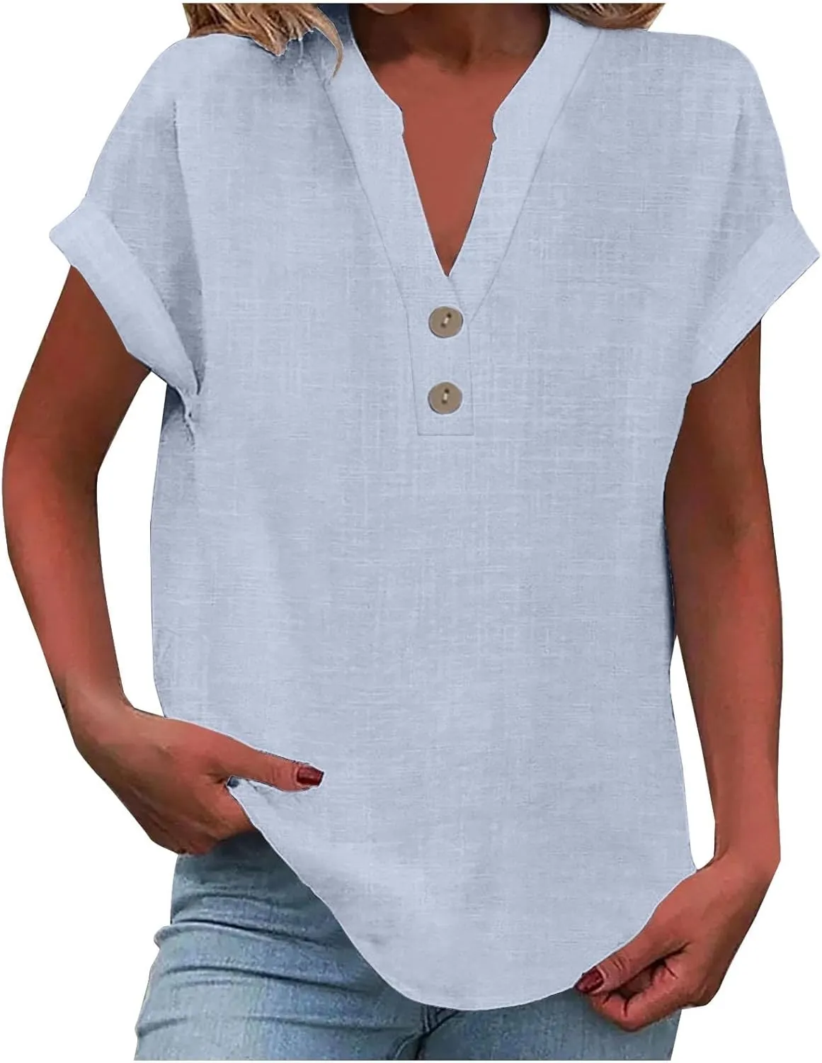 Linen Shirts for Women 2025 Womens Button Down Short Sleeve V Neck Shirts Solid Color Comfy Tops Summer Tunic Top