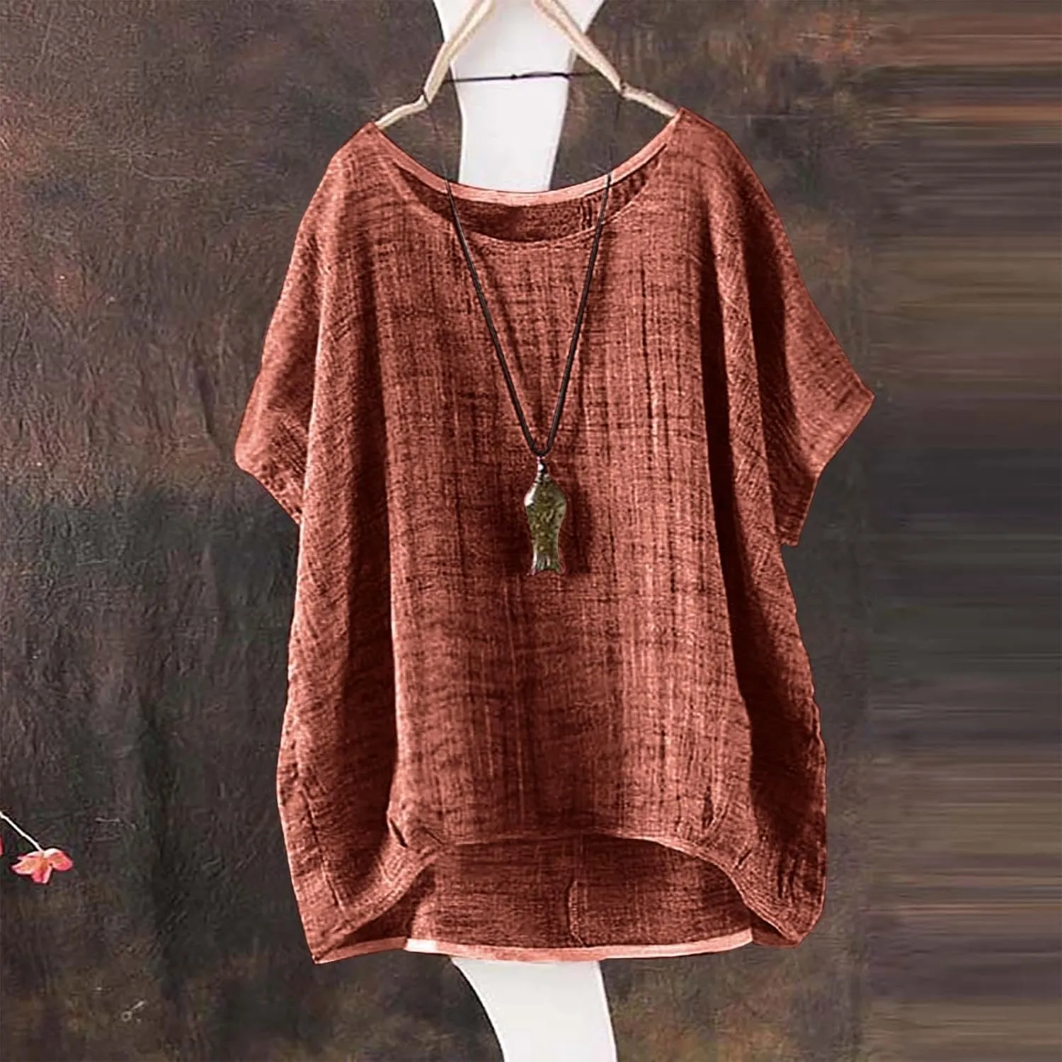Linen Shirts for Women Summer 2024 Trendy Plus Size Crewneck Short Sleeve Cute Tops Casual Loose Fit Comfy Blouses