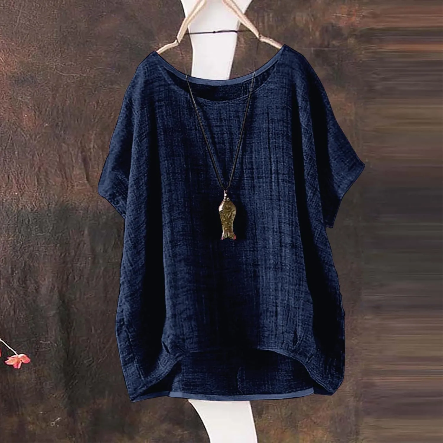 Linen Shirts for Women Summer 2024 Trendy Plus Size Crewneck Short Sleeve Cute Tops Casual Loose Fit Comfy Blouses