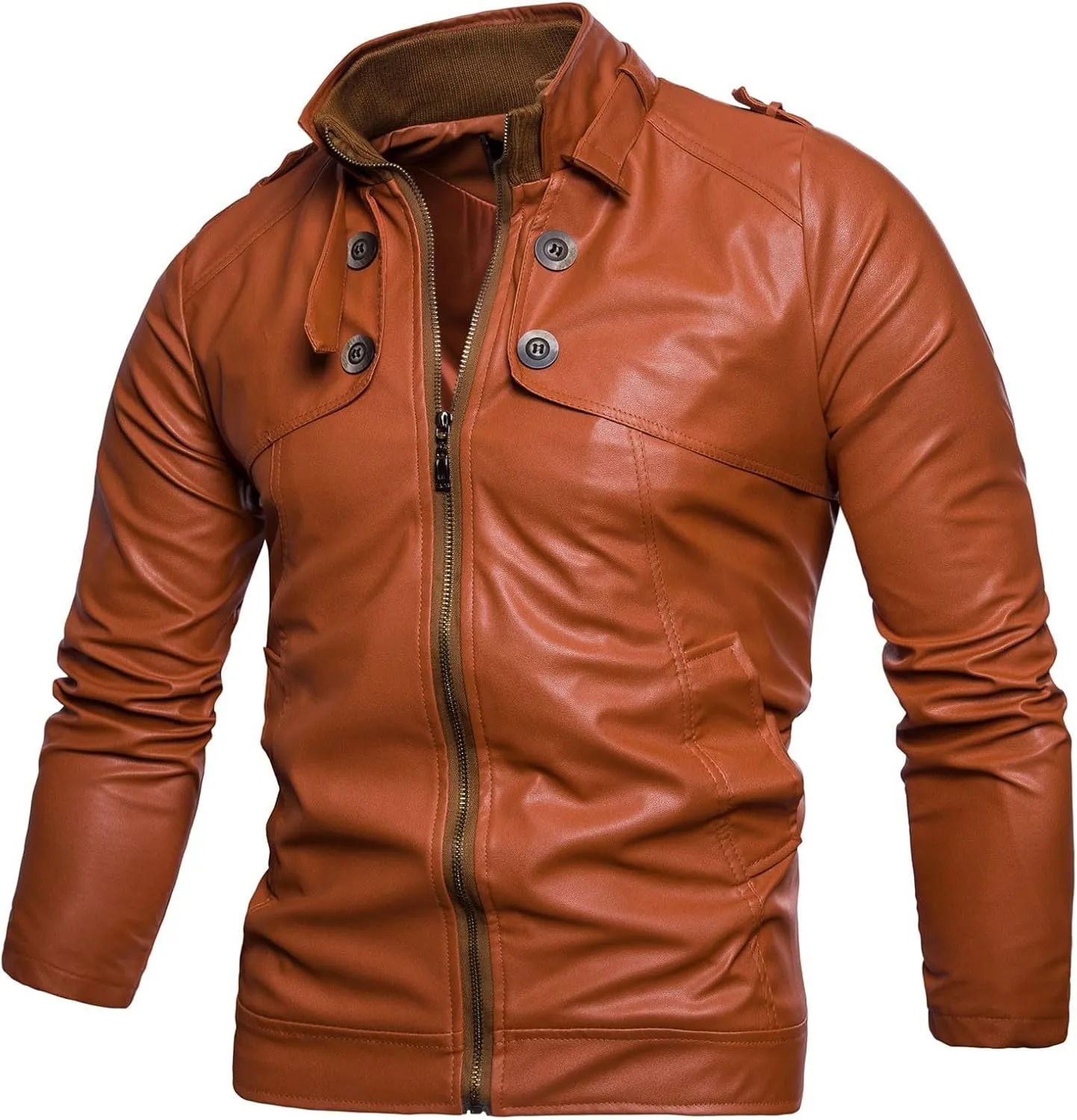 Men PU Leather Biker Jacket Vintage Stand Collar Motorcycle Jackets Long Sleeve Full Zip Up Slim Fit Cool Coat Jacket