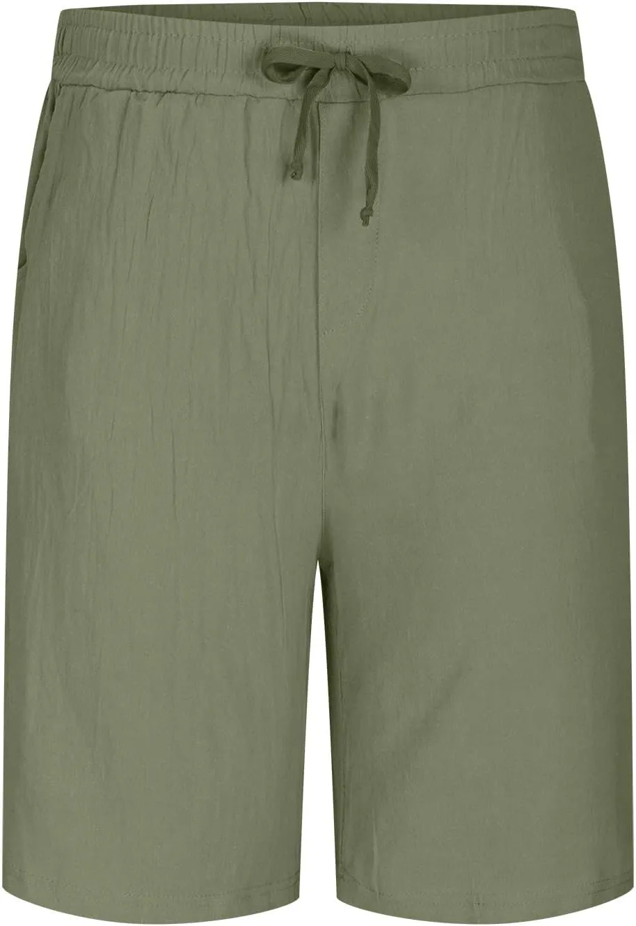 Men's Solid Cotton Linen Shorts 9'' Elastic Waist Retro Beach Summer Drawstring Shorts Comfy Soft Lounge Shorts