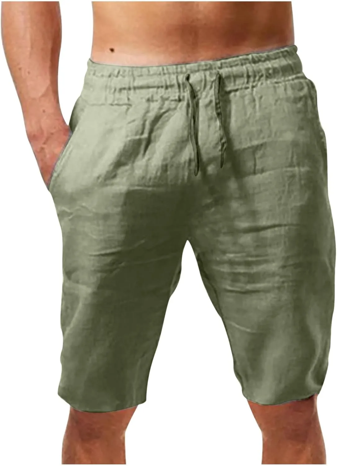Men's Solid Cotton Linen Shorts 9'' Elastic Waist Retro Beach Summer Drawstring Shorts Comfy Soft Lounge Shorts