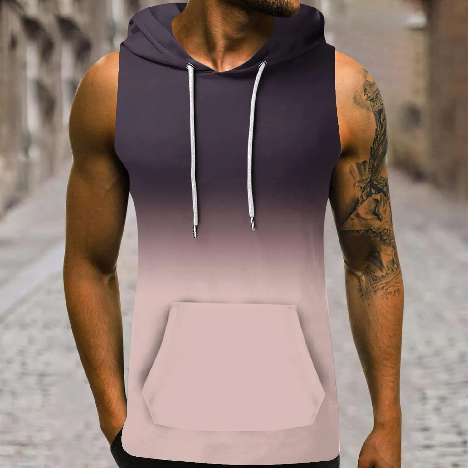 Men's Workout Hooded Tank Tops Sleeveless Gym Hoodies Bodybuilding Muscle Cut Off T Shirt Sports Training Tank Top