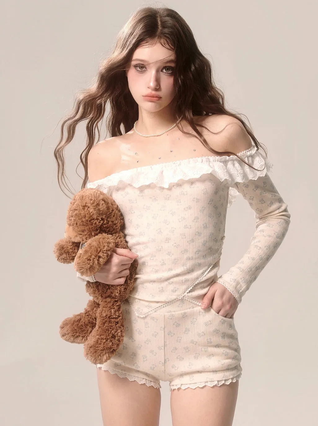 Milky Top Girly Shorts   Apricot Lace