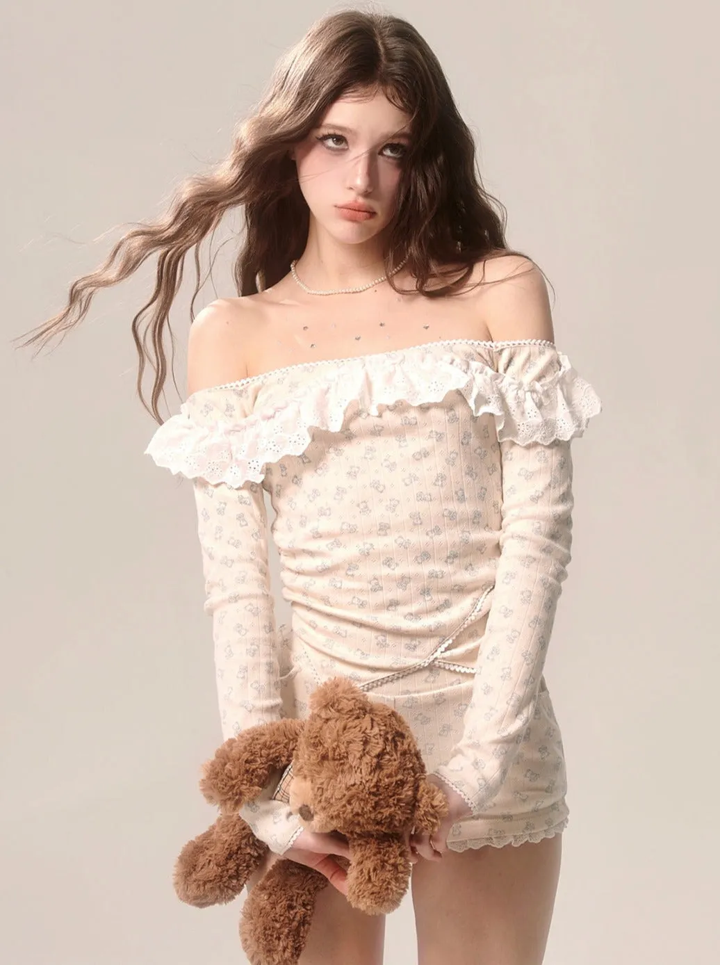 Milky Top Girly Shorts   Apricot Lace