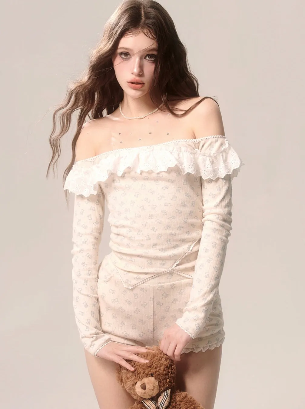 Milky Top Girly Shorts   Apricot Lace