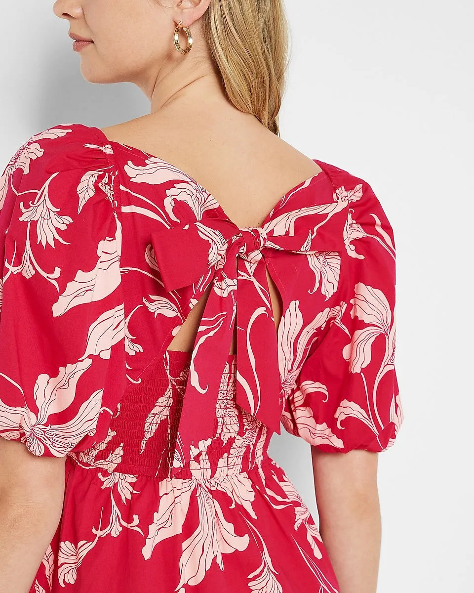 Printed Square Neck Puff Sleeve Tiered Trapeze Dress in Pink Print