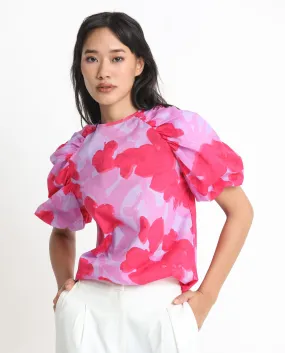 Rareism Women Alpen Light Purple Cotton Fabric Short Sleeves Button Closure Round Neck Puff Sleeve Relaxed Fit Floral Print Top