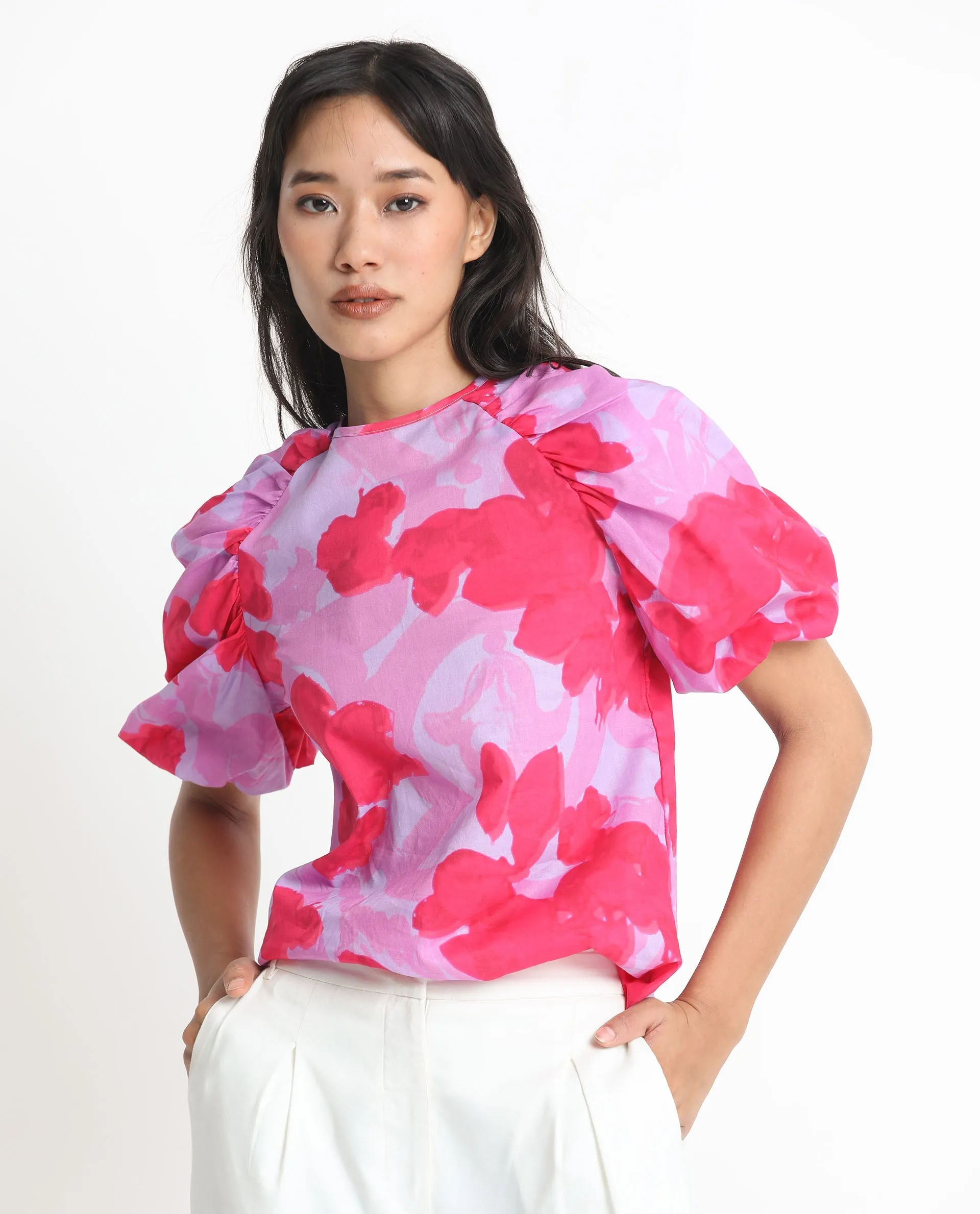Rareism Women Alpen Light Purple Cotton Fabric Short Sleeves Button Closure Round Neck Puff Sleeve Relaxed Fit Floral Print Top