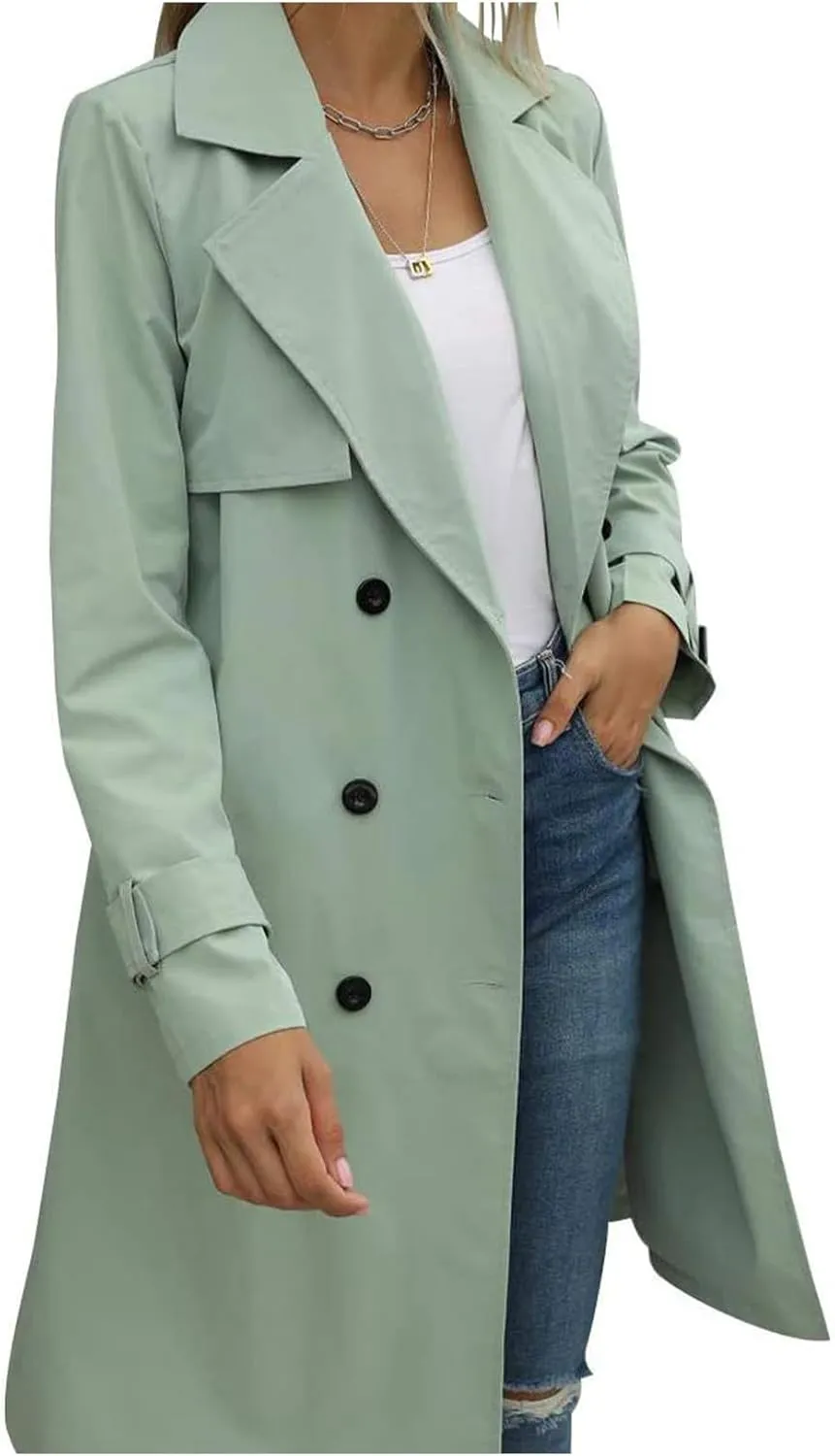 SEMATOMALA Women's Double Breasted Midi Trench Coat Flowy Light Weight Classic Belted Lapel Slim Windproof Overcoat